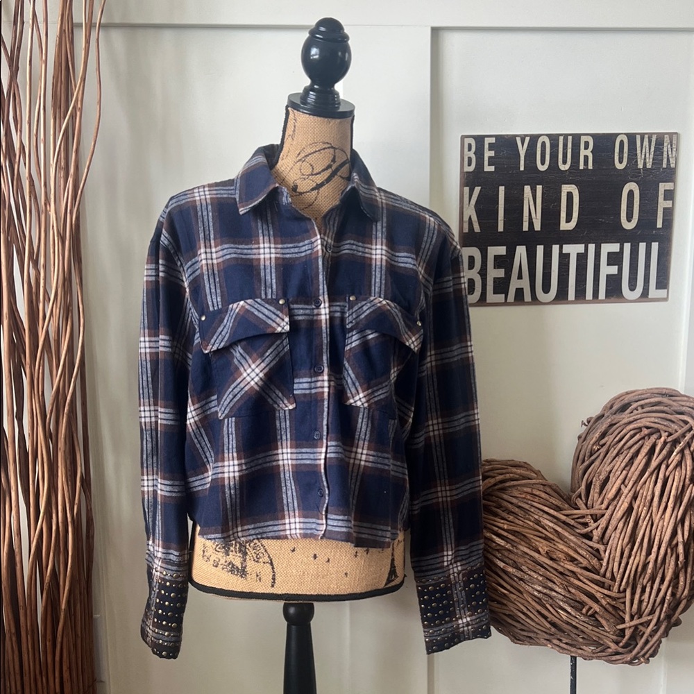 Navy Plaid Women's Blouse with Studded Cuffs